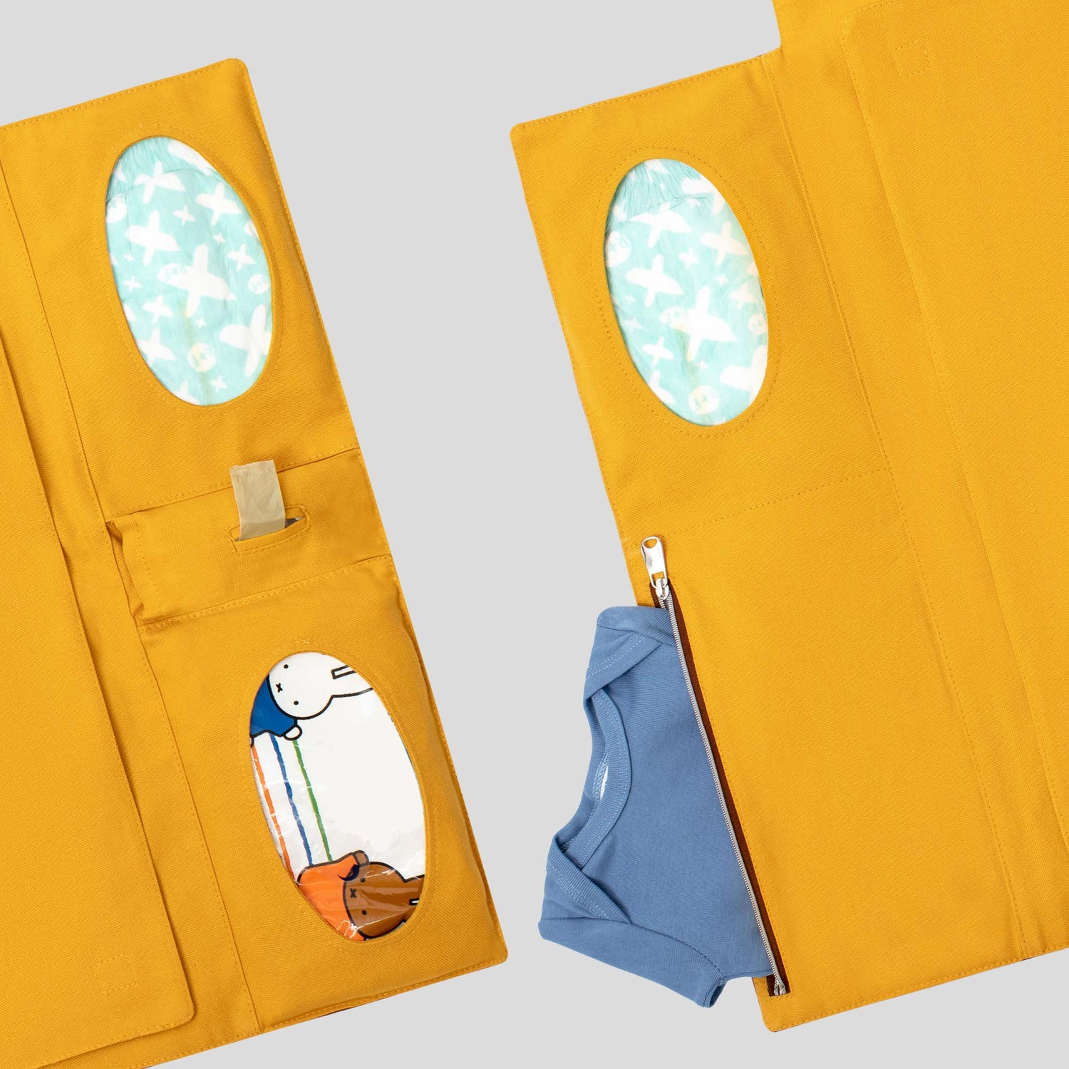 Die Innenfächer der faltbaren Wickeltasche von Villawind mit Platz für Windeln, Reinigungstüchern und wasserdichter Tasche mit Reissverschluß